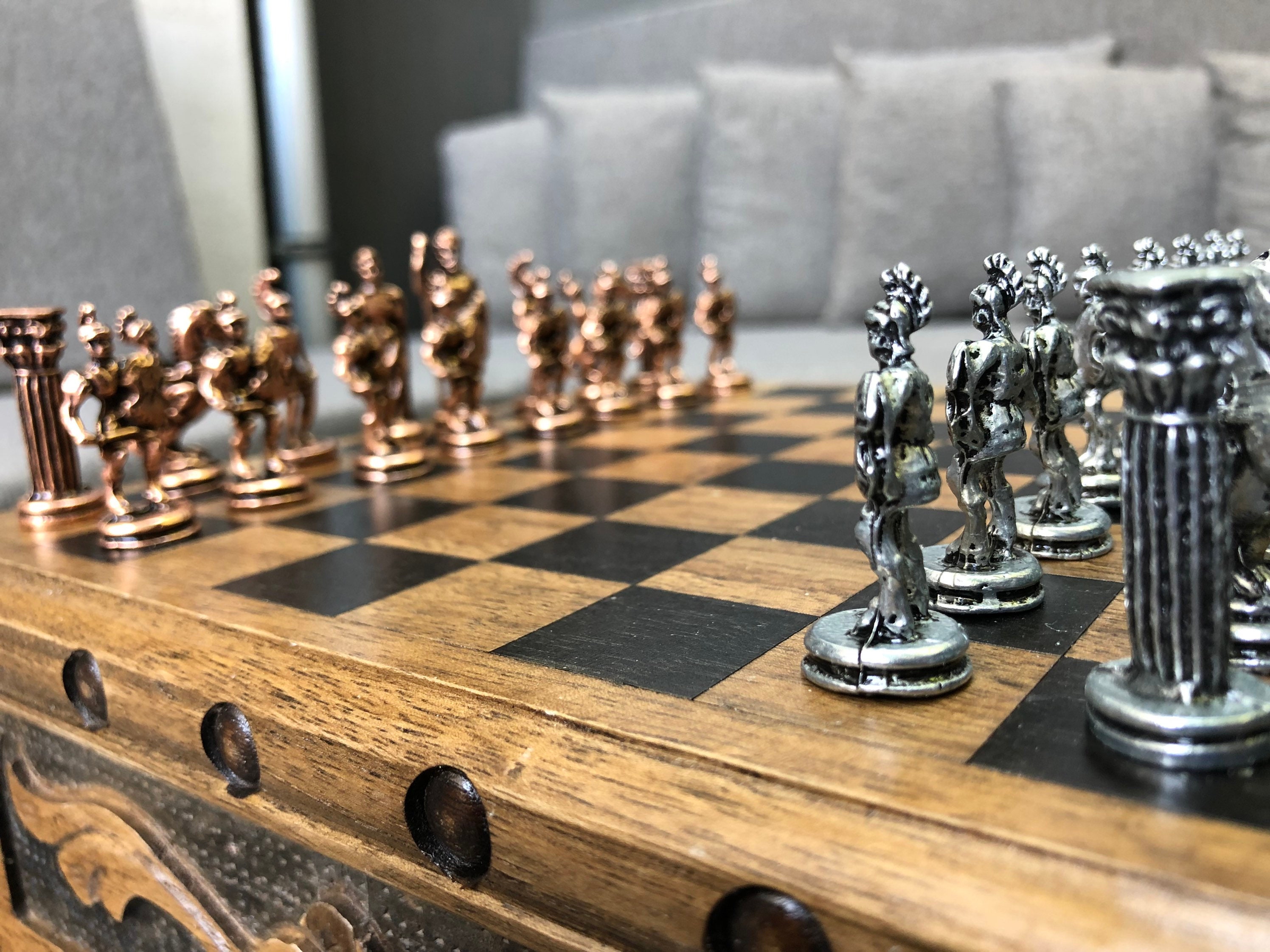 Wooden Puzzle Box Chess Board with Brass Chess Pieces Express Etsy