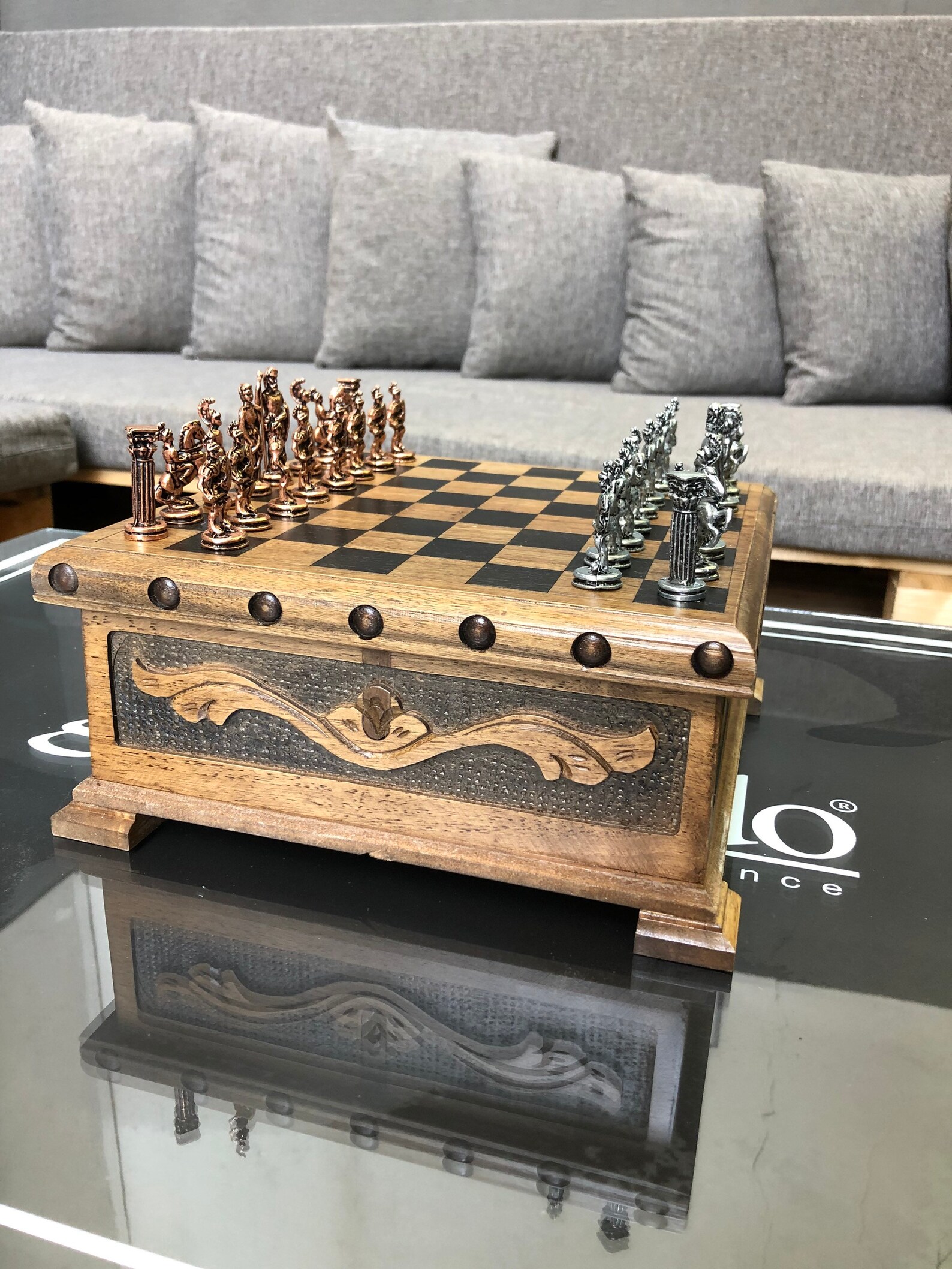 Wooden Puzzle Box Chess Board with Brass Chess Pieces Express Etsy