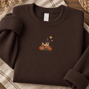 Könnte beinhalten: Ein dunkelbraunes Sweatshirt mit Rundhalsausschnitt und einer kleinen, mittig platzierten Pixel-Art-Stickerei auf der Brust, die ein helles Wesen mit Hexenhut, zwei orangefarbene Kürbisse und einen kleinen gelben vierzackigen Stern zeigt.