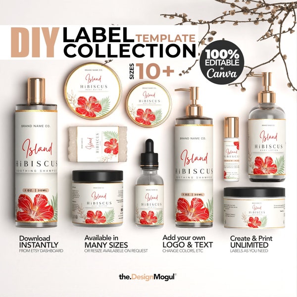 Hibiscus - Collection d'étiquettes de produits de soins de la peau modifiables à faire soi-même - Étiquettes de beurre corporel / huiles de barbe / huiles essentielles, ensemble de modèles d'étiquettes cosmétiques