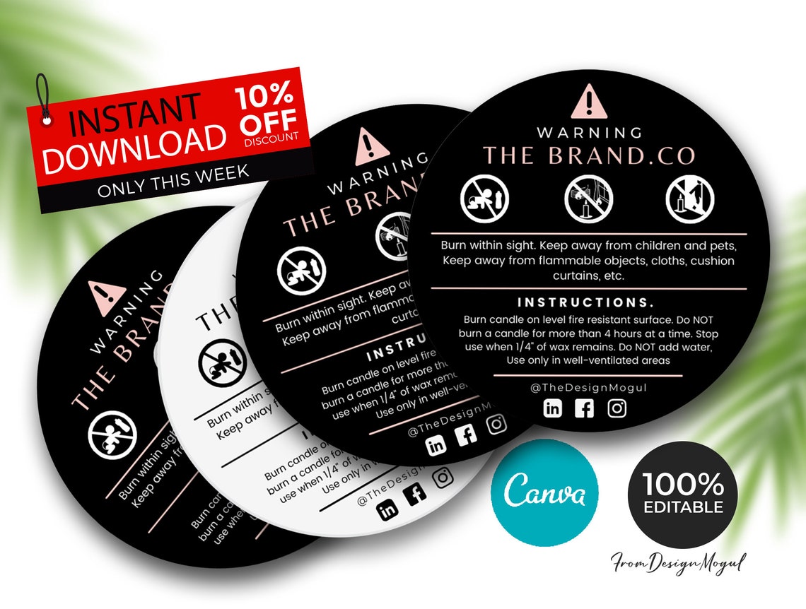 Editable Candle Safety Instructions Round Warning Label Etsy