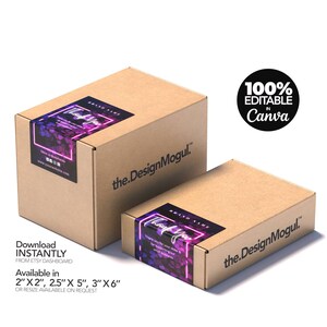 Plantilla de etiqueta de caja editable, etiquetas de embalaje, etiqueta adhesiva para sellar el embalaje del pedido, etiqueta adhesiva imprimible para paquete, etiqueta de envío, sello de caja - Resplandor morado