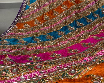 Colourful handmade mehndi dupatta with mirrorwork.