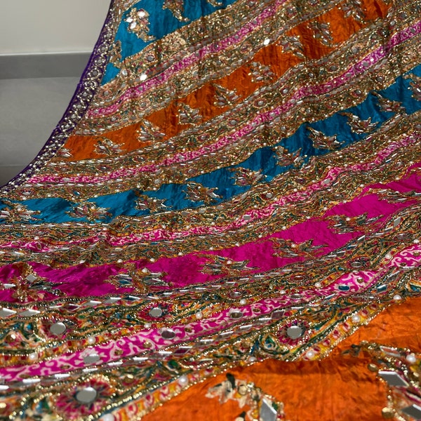 Colourful handmade mehndi dupatta with mirrorwork.