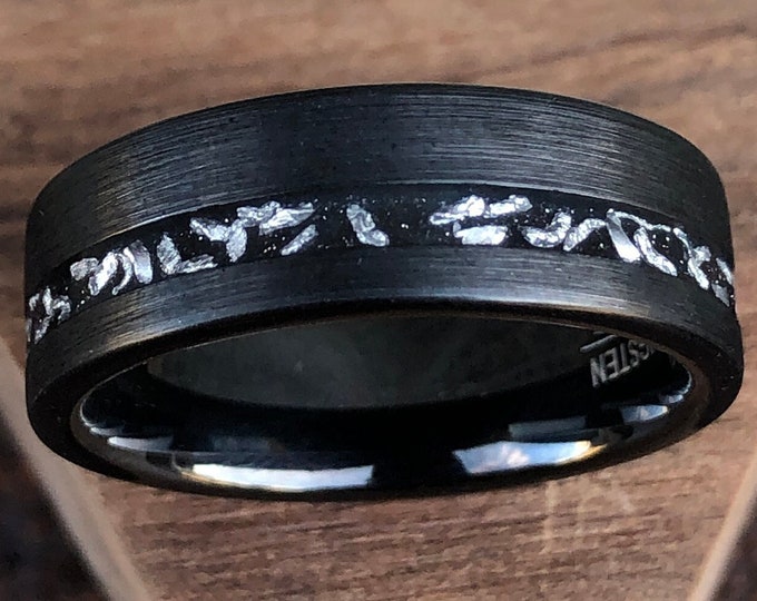 Featured listing image: Meteorite Wedding Band, 8mm Tungsten Ring with Fragments of Space Rock.