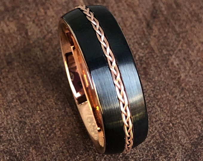 Featured listing image: Men's Wedding Band, Black Tungsten Ring with Braided Copper Laid in Centre Channel.