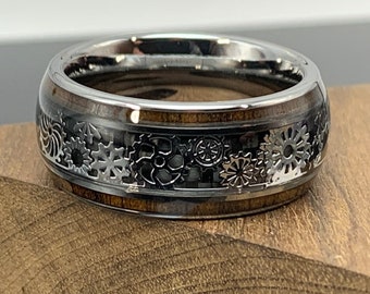Mens Mechanical Gear Ring, Silver Tungsten with Carbon Fiber & Wood Inlays, 10mm Wedding Band.