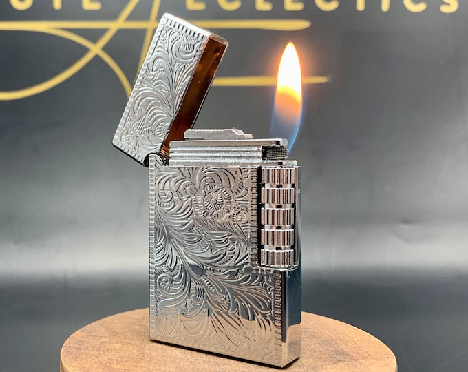 Silver Engraved Lighter Refillable Butane Flip Top With Side Grind