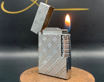 Silver diamond lighter refillable butane flip top with side grind flint, cool polished silver engraving