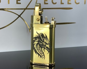 Vintage Style Dragon Lighter, Cool Steampunk Petrol Lighter with Automatic Flint Ignition. Retro Trench design with Dragon Head engraving.