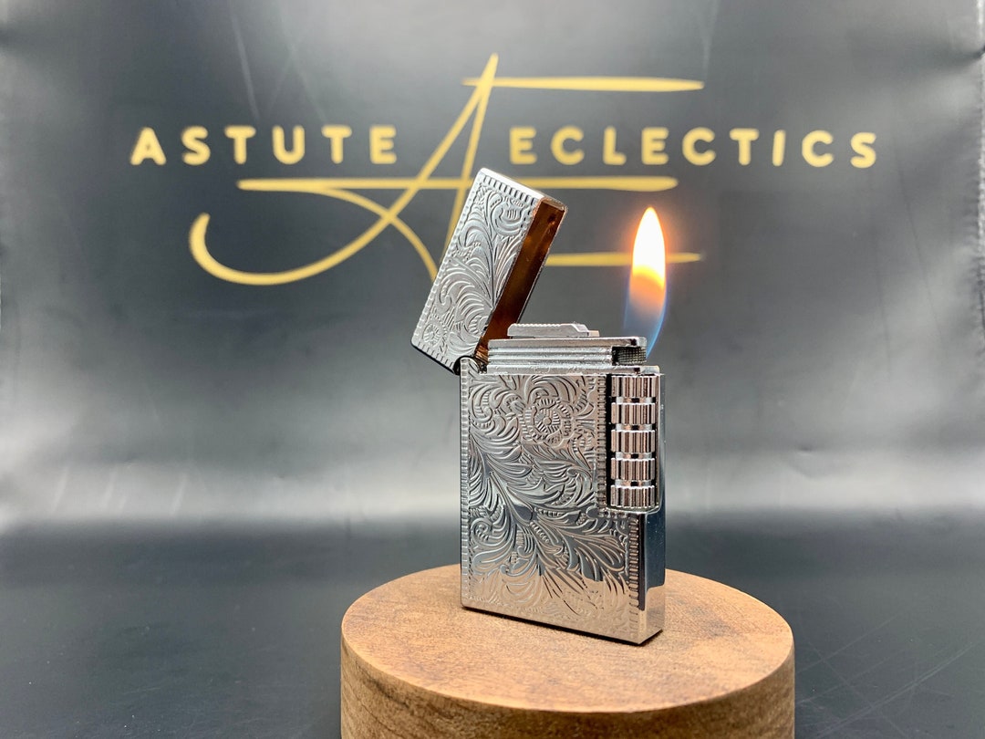 Silver Engraved Lighter Refillable Butane Flip Top With Side Grind