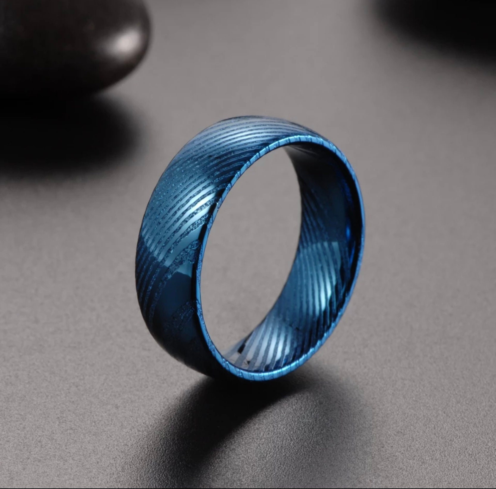Mens Damascus Ring Blue 8mm Wedding band Celtic Norse Ring