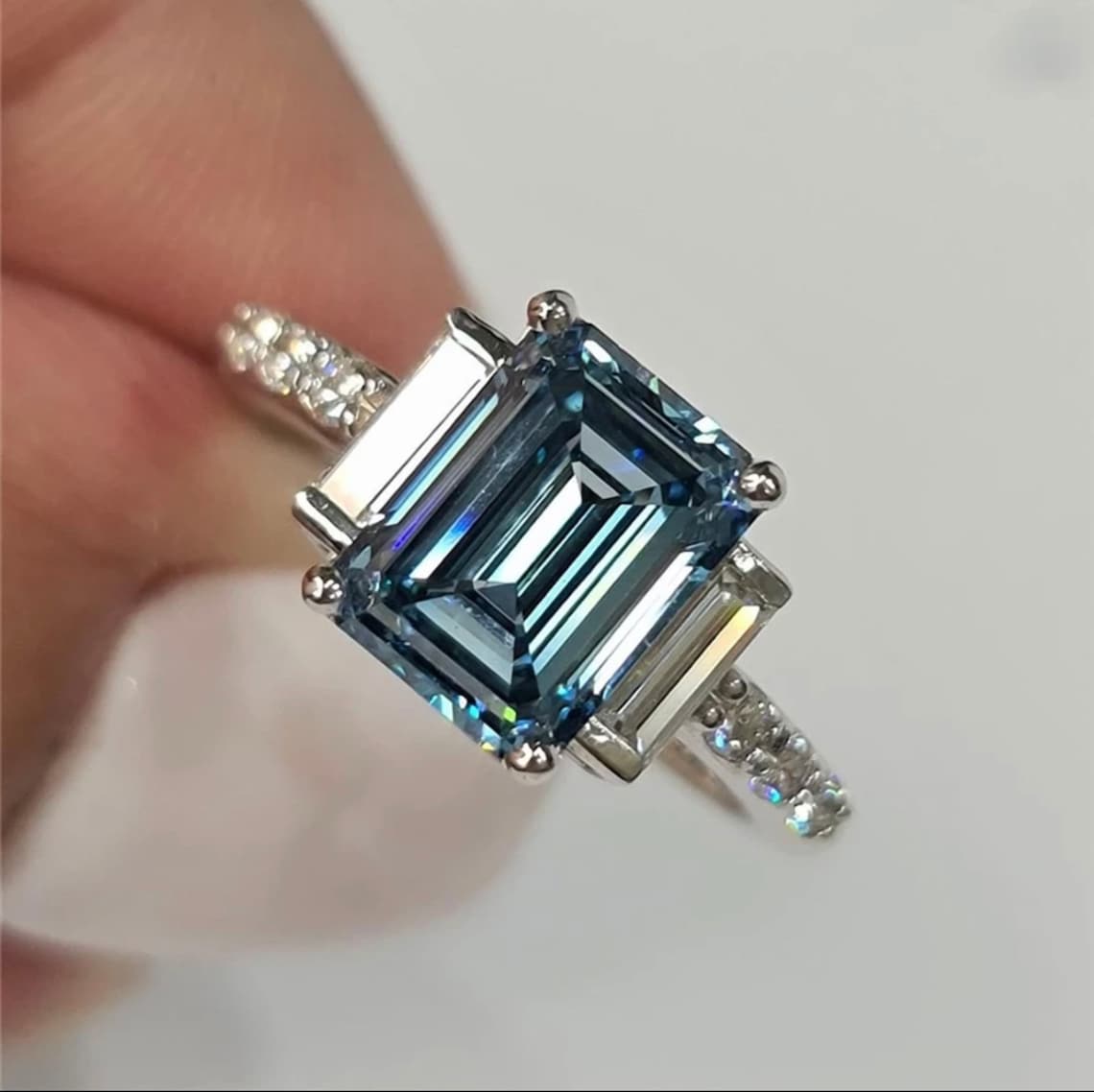 14k White Gold Blue Moissanite Ring 3.5ct 8x10mm Emerald Cut - Etsy