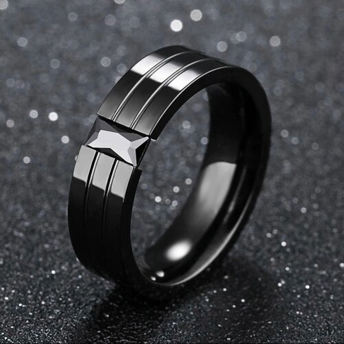 Mens Black Titanium Ring With Tension Set Zircon Wedding Band | Etsy
