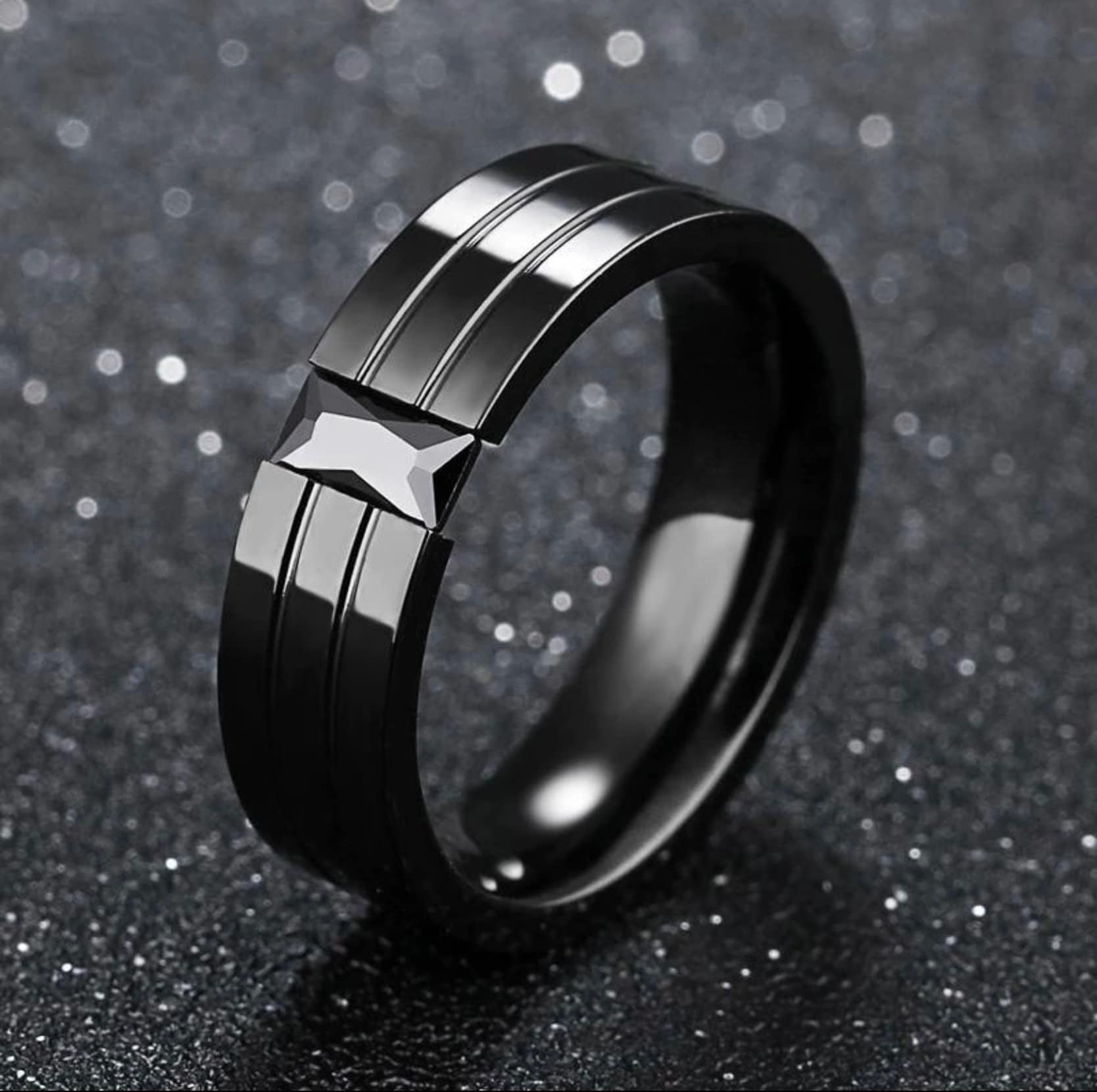 Mens Black Titanium Ring With Tension Set Zircon Wedding Band 8mm