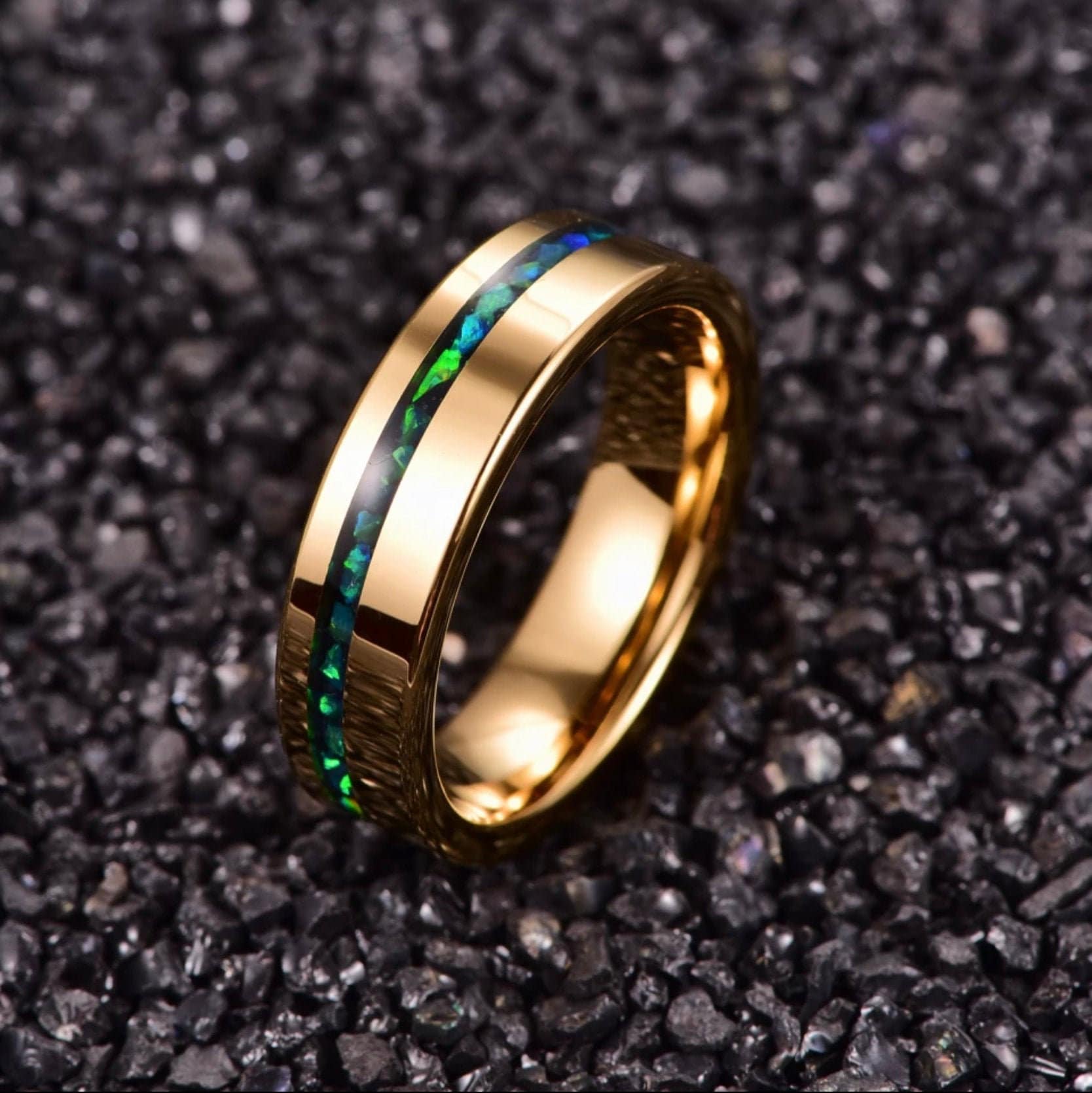 Opal Tungsten Gold Ring Mens Wedding Band Engagement Ring