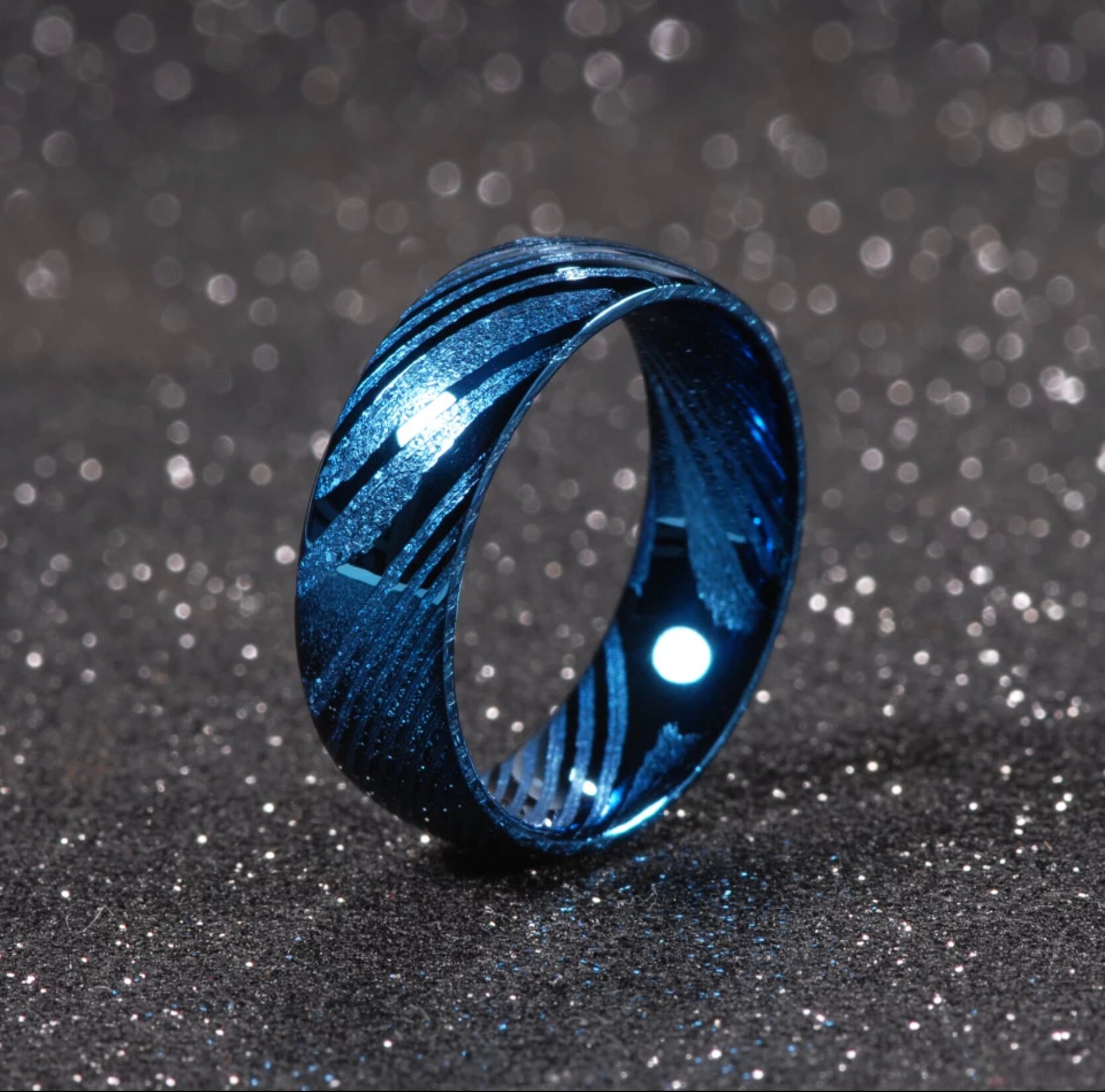 Mens Damascus Ring Blue 8mm Wedding band Celtic Norse Ring