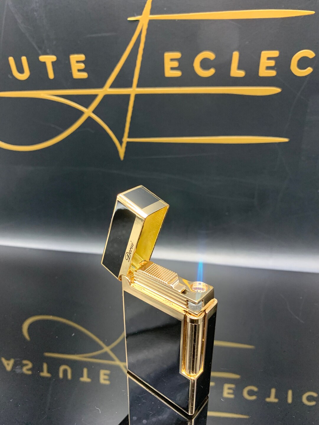 Flint Jet Lighter Black N Gold Flip Top Butane Jet Torch Adjustable