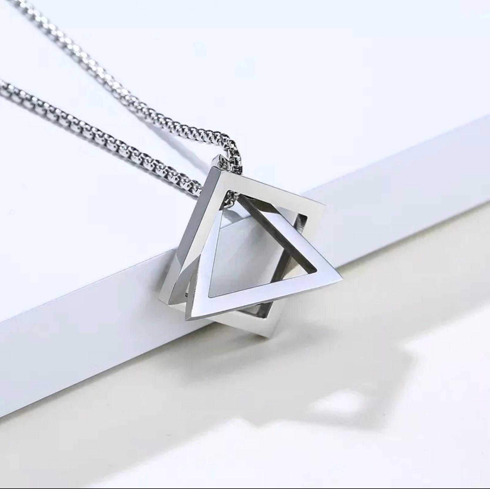 Mens Minimalist Necklace Stainless Steel Squared Triangle On Chain