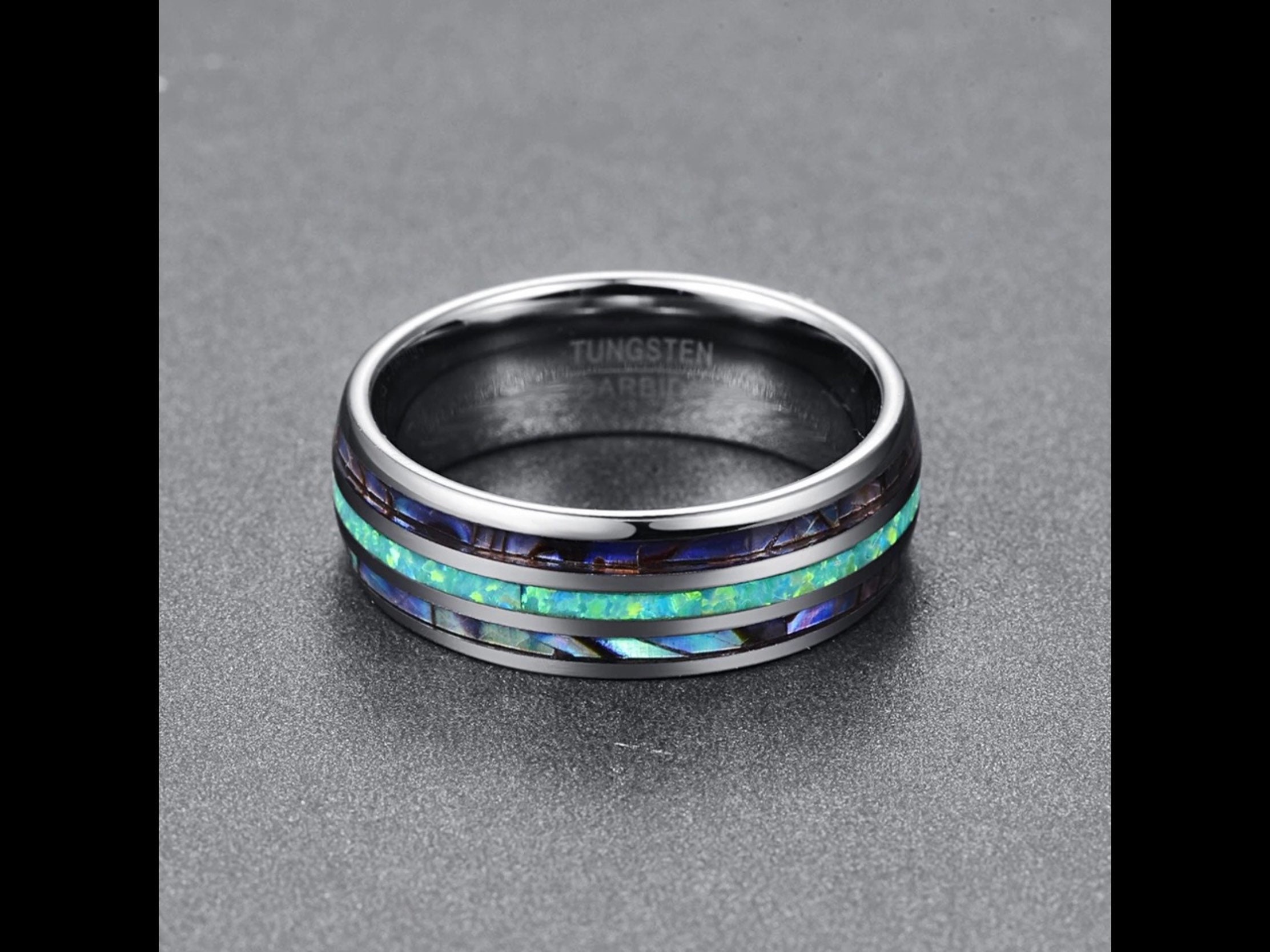 Silver mens opal abalone ring, tungsten, abalone shell & green opal inlay 8mm wedding