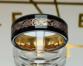 Men&#39;s Norse Wedding Band, 8mm Tungsten Ring with Celtic Love Knot Inlaid.
