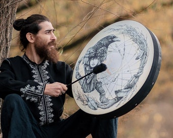 Shaman Vegan "Raven Drum", sound therapy tool, tunable membrane, frame drum, deep bass sound, sacred druid drum, healing instrument