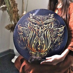 Vegan shaman drum Owl Soul, healing sound therapy, tunable frame drum, water resistant membrane, deep bass sacred sound image 1