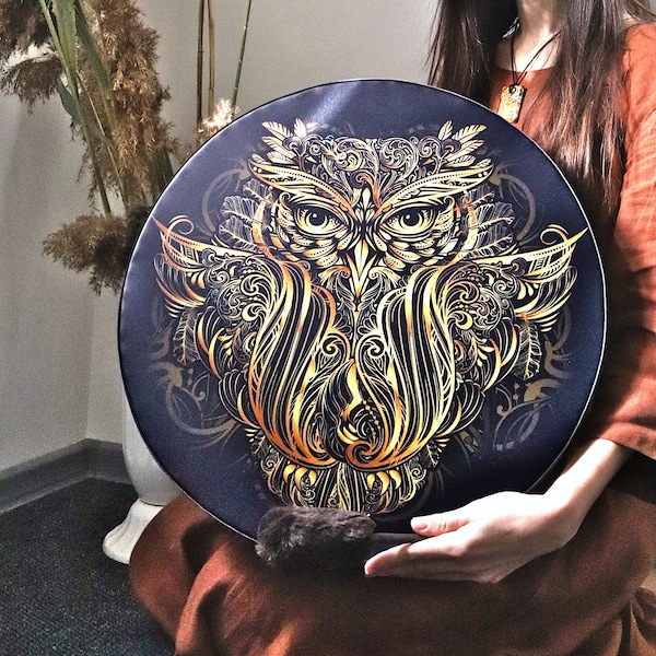 Vegan shaman drum "Owl Soul", healing sound therapy, tunable frame drum, water resistant membrane, deep bass sacred sound