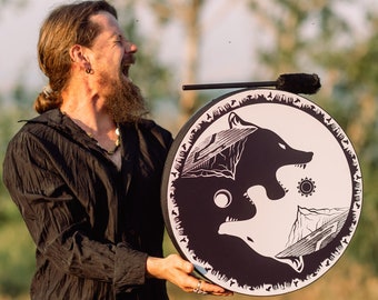 Totem Sacred Drum 16 inch "Black Wolf-White Wolf", Sound Healing Instrument, Tunbale Vegan Drum, Water-Resistant Membrane, Medicine Drum