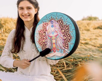 Healing Chakra Vegan Shaman Drum 14-18", Handmade Tunable Sound Healing Medicine Drum for Chakra Meditation and Women's Ritual