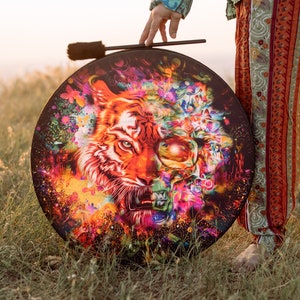 Shamanic Drum &quot;Tiger Spirit Power&quot;, Tunable Hand Drum, Sound Healing Percussion, Deep Bass Sounding Instrument, Sacred Totem Drum