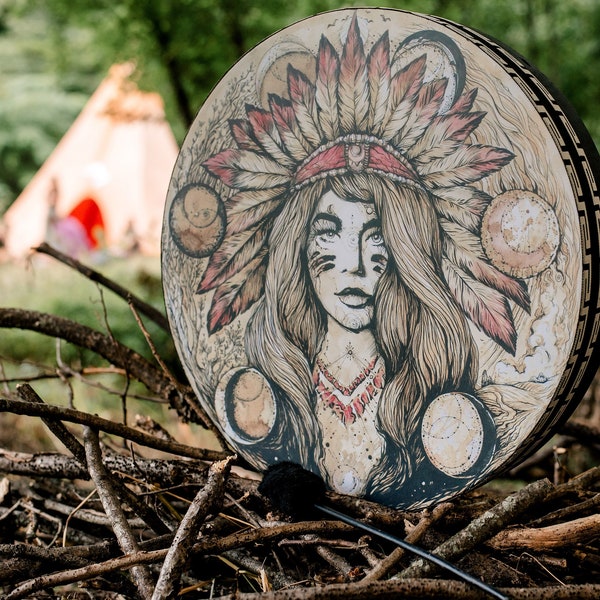 Shaman “Native Woman Drum”, vegan tunable membrane, shamanic witch drum, sound healing tool, medicine frame drum