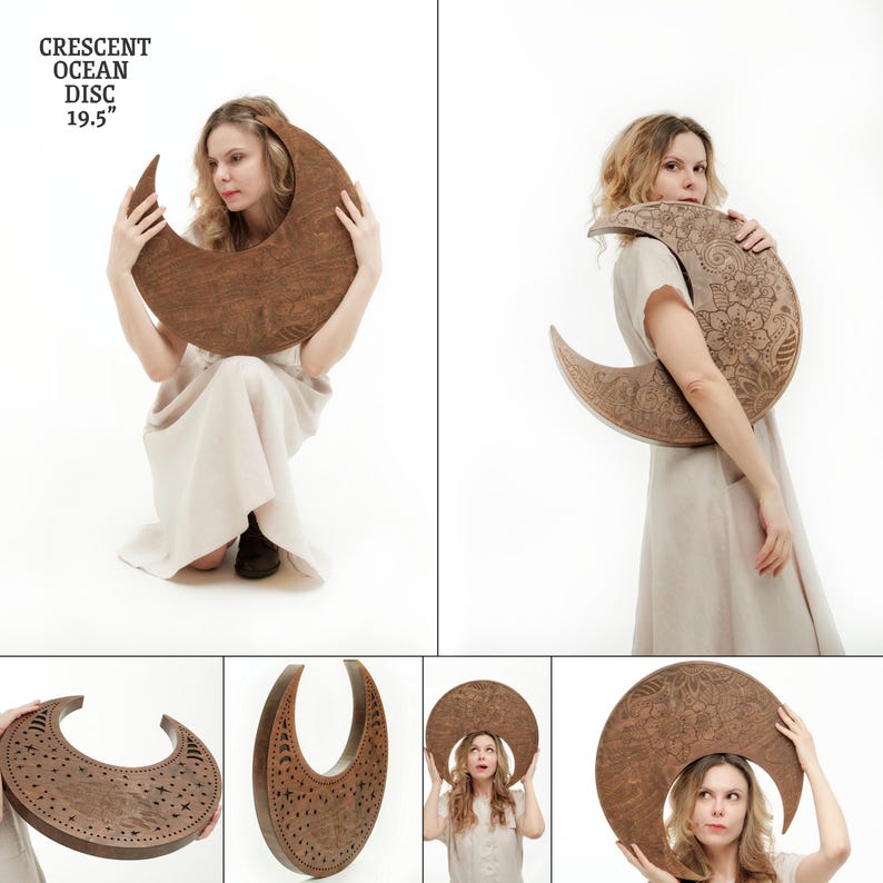 May include: A crescent-shaped wooden disc, 19.5 inches in diameter, with intricate carved designs. The disc is a warm brown color and features the text "CRESCENT OCEAN DISC 19.5". The design appears to be a decorative wall hanging or art piece.