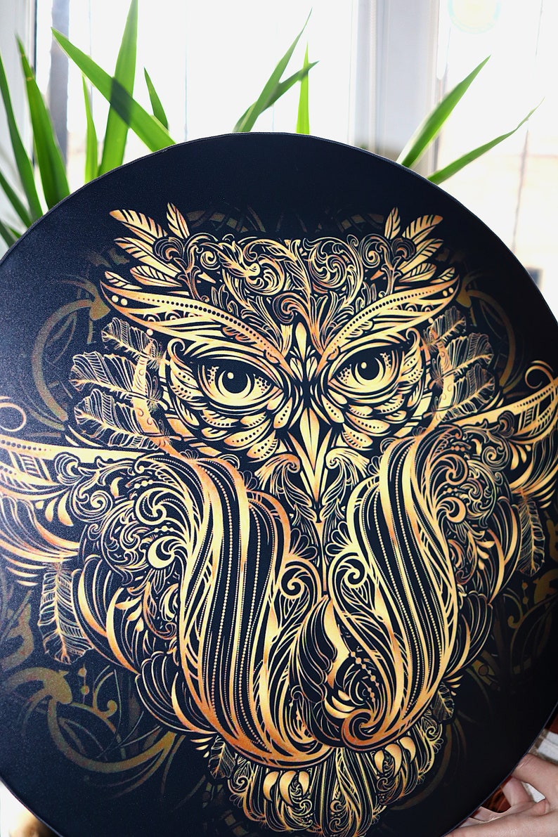 Vegan shaman drum Owl Soul, healing sound therapy, tunable frame drum, water resistant membrane, deep bass sacred sound image 6