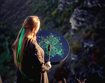 Celtic Cross Vegan Shaman Drum 22", Handmade Tunable Sound Healing Medicine Drum for Viking Ritual and Ancestral Meditation