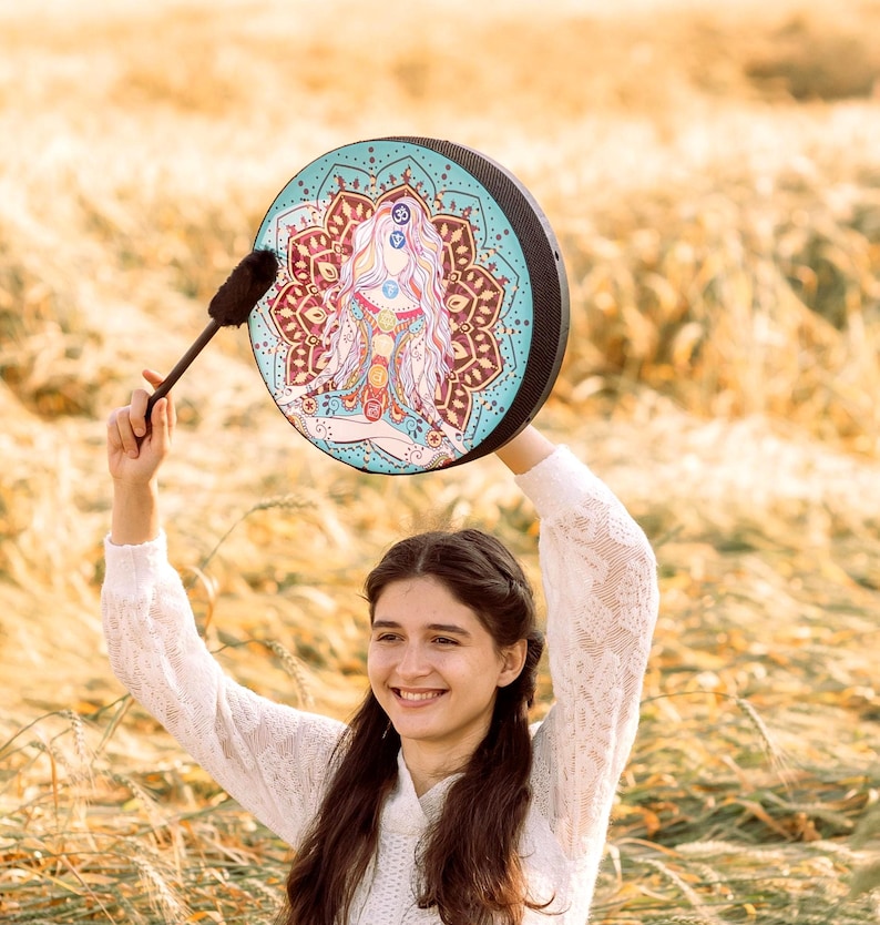 Healing Chakra Vegan Shaman Drum 14-18", Handmade Tunable Sound Healing Medicine Drum for Chakra Meditation and Women's Ritual image 2