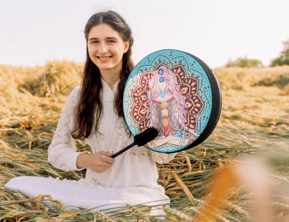 Healing Chakra Vegan Shaman Drum 14-18", Handmade Tunable Sound Healing Medicine Drum for Chakra Meditation and Women's Ritual