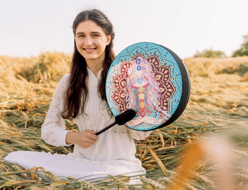Healing Chakra Vegan Shaman Drum 14-18", Handmade Tunable Sound Healing Medicine Drum for Chakra Meditation and Women's Ritual image 1