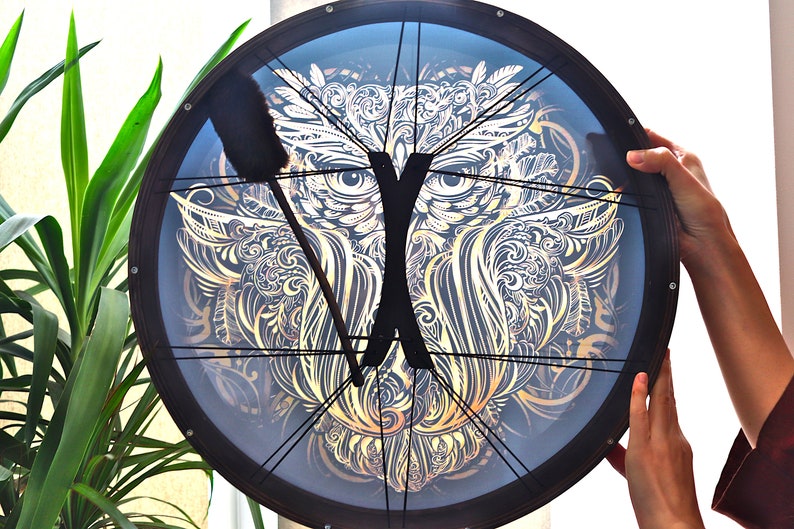 Vegan shaman drum Owl Soul, healing sound therapy, tunable frame drum, water resistant membrane, deep bass sacred sound image 7