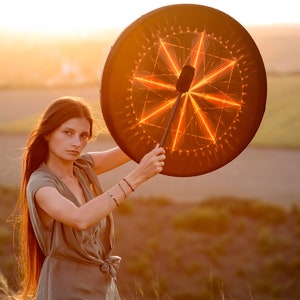 Tunable Shaman Drum &quot;Fire Star&quot;,  Sacred Vegan Drum 24 inches, Sound Therapy Tool, Shamanic Healing Instrument, Deep-Sounding Huge Drum