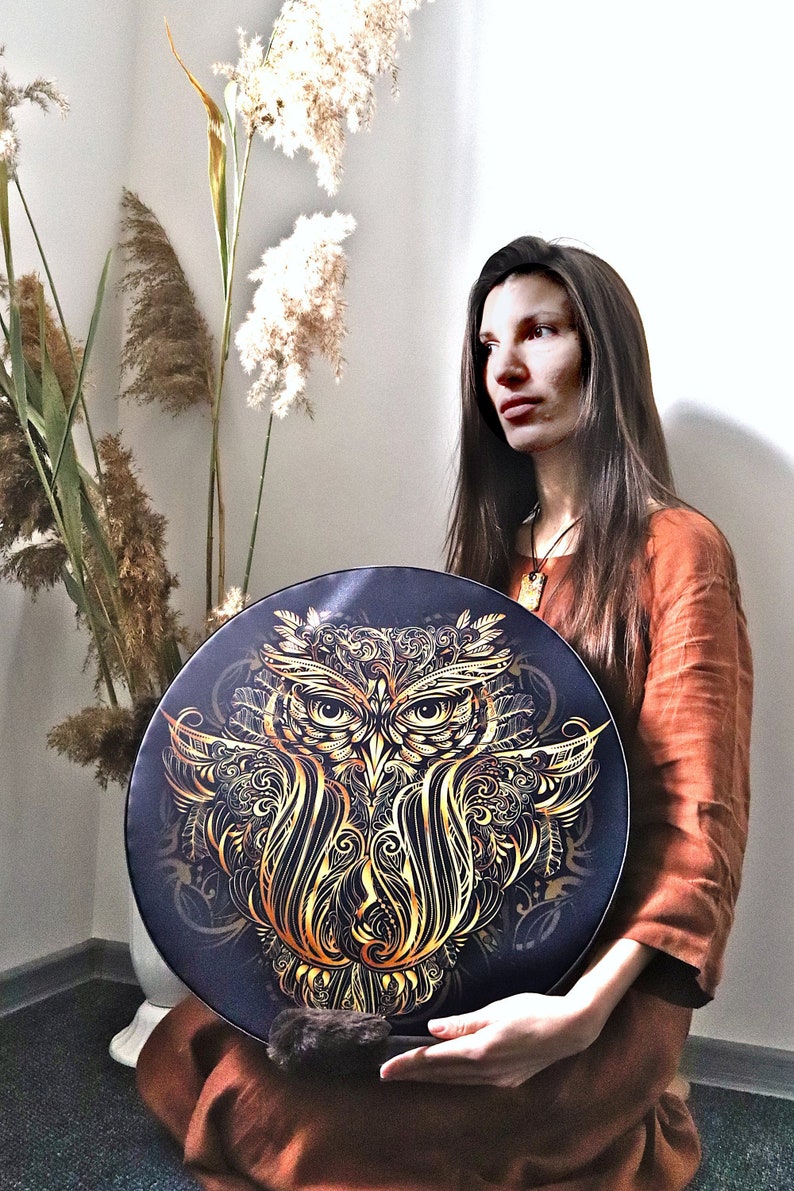 Vegan shaman drum Owl Soul, healing sound therapy, tunable frame drum, water resistant membrane, deep bass sacred sound image 1