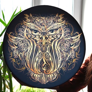 Vegan shaman drum Owl Soul, healing sound therapy, tunable frame drum, water resistant membrane, deep bass sacred sound image 3
