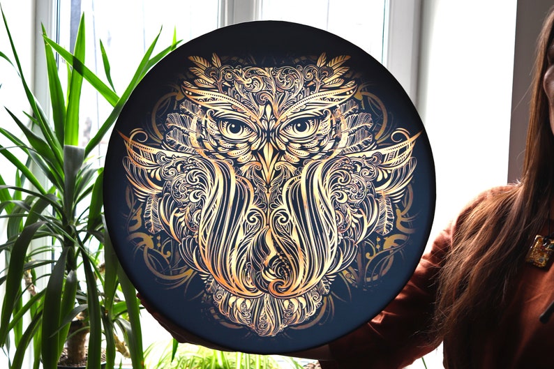 Vegan shaman drum Owl Soul, healing sound therapy, tunable frame drum, water resistant membrane, deep bass sacred sound image 3