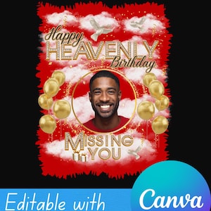 Happy Heavenly Birthday Background PNG, Birthday Shirt Template, Editable with Canva, Memorial Birthday PNG, Insert Picture Template