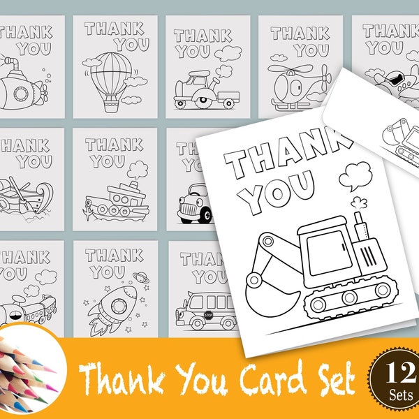 12 Transportation Coloring Card & Envelope, Thank You Coloring Card, Kids Busy Coloring Printable, Kids DIY Classroom, Homeschool Printable