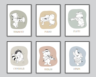 Printable Kids Music Poster, Set of 6 Wall Art, Animal Music Band, Animal Instrument Drawing, Music Wall Art, Neutral Kids Room Printable