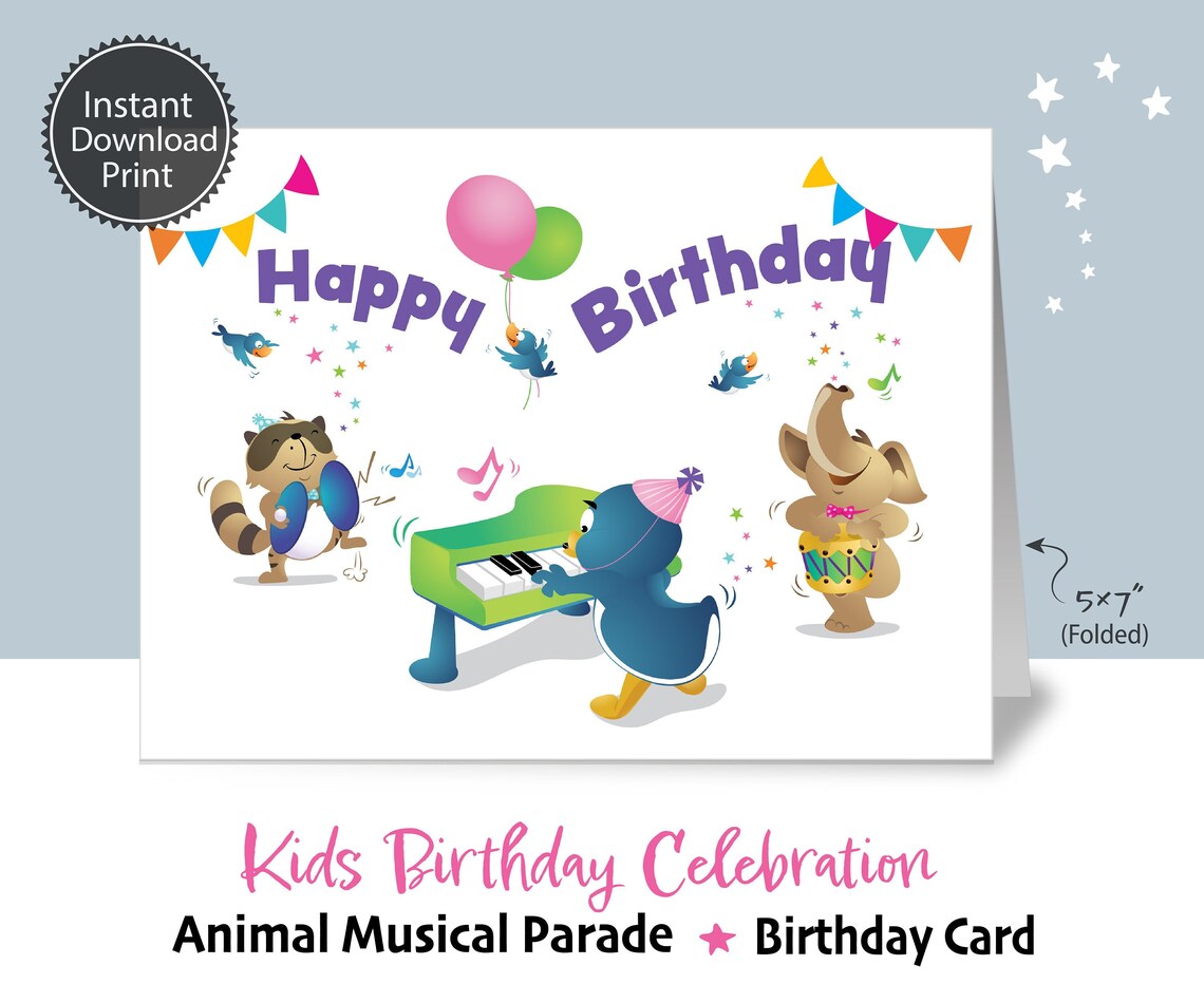 PRINTABLE Kids Animal Birthday Card Fun Animal Musical Band - Etsy