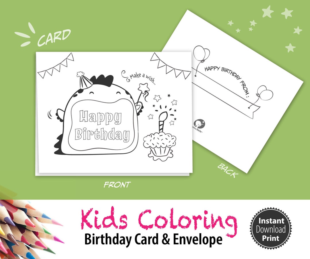 Dinosaur Birthday Card, Printable Kids Coloring Birthday Card, Print ...