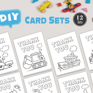 Kinderfahrzeug Dankeskarte druckbar, Transport Malkarte & Umschlag, Kinder DIY Klassenzimmer, Homeschool druckbar, 12 Sets