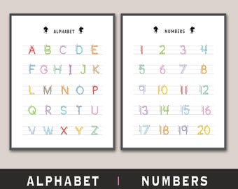 5 Sets of Handwriting Alphabet & Number Wall Posters, Homeschool Printable, Preschool Handwriting Posters, Alphabet, Numbers